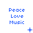 Blue pixelated text reading Peace Love Music arranged in three with small blue symbols below each , changing across observations