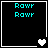 Four identical black square with cyan 'Rowr Rowr' text and white borders, each containing a single heart symbol in the bottom-right corner