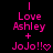 Pixelated pink text on black background reads 'I Love Ashley + JoJo!!' with a heart symbol, two versions differ in heart shape.