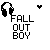 Pixel art icon with 'FALL OUT BOY' text, headphones graphic, and small heart symbols in various positions across frames.