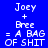 Four display identical pixelated text 'Joey + Bree = A BAG OF SHIT' on blue, purple, red, and purple backgrounds