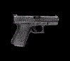 Pixelated handgun animation showing firing sequence with muzzle flash, ejected casing, and recoil