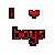 Static pixel art displays red text and a heart symbol on gray background; 'i' in black rectangle, red heart with orange accents, 'boys' below.