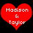 Two red heart-shaped icons with white text reading "Madison & Taylor" on a black background, displayed side-by-side.