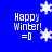 Blue background with white pixelated text 'Happy Winter!' and '=0' surrounded by animated snowflakes in four quadrants.