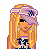 Pixel art contact sheet showing three frames of an animated icon featuring a cartoon character with blonde hair, a visor, and partial body views alongside purple text on black background.