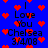 Blue background with red pixelated hearts scattered throughout, black text reading "I Love You Chelsea 3/4/08" repeated twice in a pattern