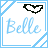 A 2x2 contact sheet of three animated frames showing a pixelated heart icon above the name "Belle" in light blue script, with varying heart colors across frames and a gray background on the fourth cell.