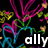 Animated icon with black background featuring pink, green, and blue heart outlines; white text 'ally' and '<3' symbols visible.