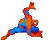 A pixelated Spider-Man character in orange and blue costume performs a dynamic pose across three with varying limb positions