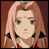 nine anime-style character expressions with pink hair, red clothing, and black shoulder accents against a brown background