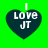 Four heart-shaped icons with 'LOVE JT' text on dark blue backgrounds, each with a white hanging loop, displayed on a bright green background.