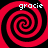Four identical red and black spiral patterns arranged in a , each with the word 'gracie' in white pixelated text above it