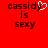 Red background with black pixelated text 'cassidy is sexy' and a white heart symbol replacing the letter 'y' in 'cassidy'.