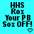 Pixelated black text on cyan background reads HHS Rox Your PB Sox OFF! with a small heart symbol below.