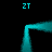 Cyan pixelated shape with four 'ZT' text elements on black background, forming a U-like structure with horizontal top and vertical sides.