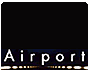 Animated sequence showing a white airplane with blue and red tail markings moving across black background, below 'Airport' text.