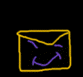 Yellow outlined envelope with purple smiley face on black background, showing animation frames with varying mouth shapes and small yellow lines above the envelope.