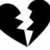 Black broken heart silhouette with jagged white crack on white background, four distinct views showing different heart segment arrangements.