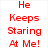 Red text reads "He Keeps Staring At Me!" and "WHITE JESUS!" on white background, blue text reads "Who?" above pixelated figure in light robe.