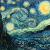 Pixelated static image of a starry night scene with swirling blue and yellow lights against dark background.