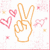 Pixelated orange hand making peace sign with two fingers extended, surrounded by pink hearts and abstract shapes on white background.