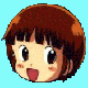 Six pixel-art character heads on light blue background: brown-haired girl, blonde boy with red headband, pink bird-like creature, brown-haired girl with flower, blonde boy with patterned bandana, and bald man with horns.