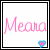 Pixelated pink cursive text 'Meara' on white background with small blue-pink heart icon in bottom-right corner.