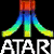 Pixelated Atari logo with gradient-colored legs and white text on black background.