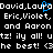 Pixelated text on black background with blue cursor over 'David, Laura' and repeated names Eric, Violet, Aaron.
