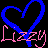Six heart-shaped line drawings in blue, yellow, orange, green, white, and red above pink text reading 'LIZZY' on a black background.