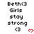 Pixel art displays 'Beth<3 Girls stay strong <3' text with red heart symbols, arranged in a of repeated identical frames