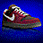 Pixelated image of a high-top sneaker with multicolored upper on blue background.