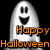 Pixelated ghost icon with white body, black eyes and mouth, and orange 'Happy Halloween' text on black background.