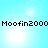 Pixelated text 'Moofin2000' repeated twice horizontally on a light blue background with bright white circular glows.