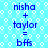 Blue text on light blue background with white hexagonal pattern displays 'nisha + taylor = bffs' repeated twice in vertical alignment.