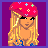 Pixel art of a blonde woman with a red beret, blue top, and red boots with flower patterns on a purple background.