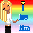 Pixel art contact sheet showing two frames of an animated buddy icon with a cartoon character and text elements on rainbow gradient background.