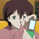 Anime character in pink shirt holds green phone, transitioning from holding a flip phone to placing it against ear.