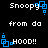 Pixelated text and blue square icons on black background, with repeated 'Snoopy from da HOOD!!' phrases in white and blue.