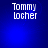 Blue background with white pixelated text "Tommy Locher" in two lines, showing subtle light variations across four views.