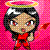 Pixelated cartoon character with black hair, red eyes, and a golden halo wears red clothing against pink background; three poses show varied expressions.