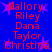 Blue background with red text listing names Mallory Riley Dana Taylor Christina in two vertical , surrounded by purple star shapes