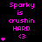 Pixelated text and symbols in bright pink on black background with gray corner, showing animation variations of heart icons next to repeated phrases.