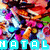 Pixelated image with colorful abstract background and multiple text elements in different fonts and colors.
