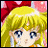 Pixelated anime-style character with blonde hair and blue eyes, wearing a red bow and pink accessories on a black background with text.