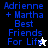 Blue pixelated text reads "Adrienne + Martha Best Friends For Life" with a white star icon on black background and a black star icon on white background.