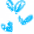 Blue heart-shaped icons with soft edges and scattered gray pixel fragments on a white background.