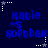 Blue pixelated text 'Katie' above 'softball' on dark blue background with white and gray star-shaped corner elements.
