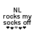 Pixelated text reads 'NL rocks my socks off' with five asterisks below, where the third asterisk changes from gray to black between two states.